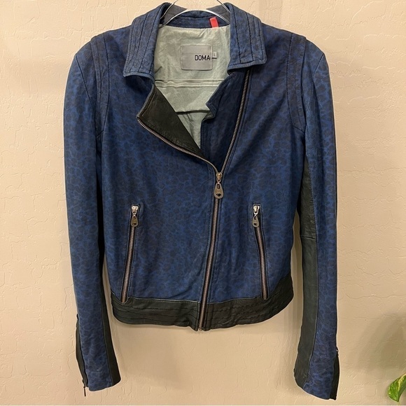 Doma Leather OOAK reworked moto Jacket, blu with animal print and back graphic S - Picture 3 of 17